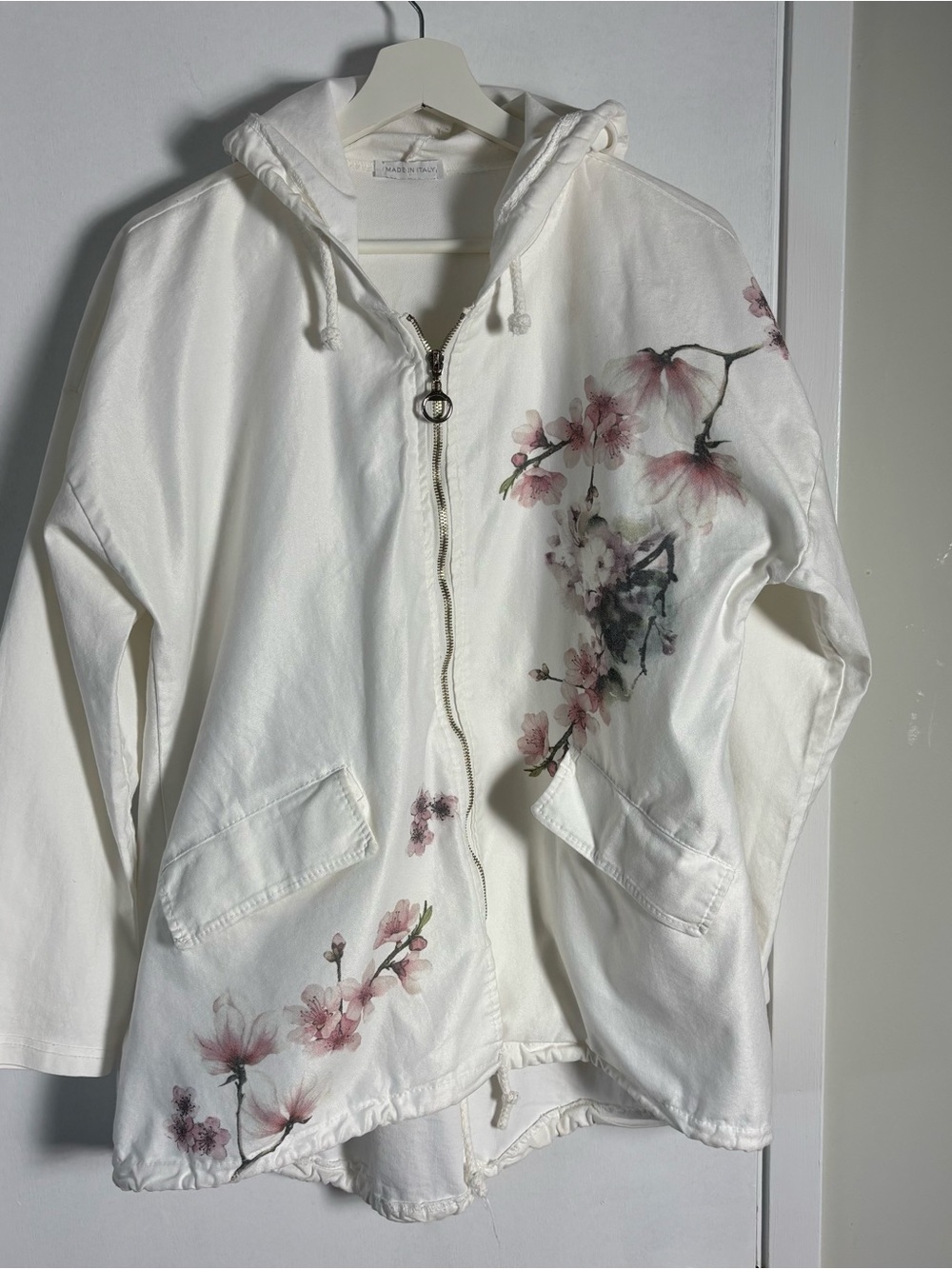 Made in Italy Cherry Blossom Cotton Blend Hooded Jacket White Est L - Picture 3 of 13